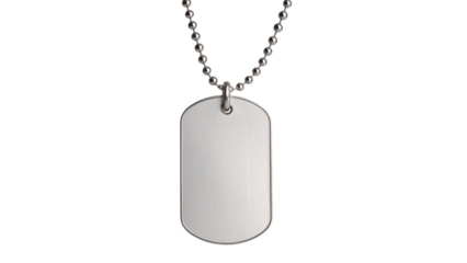 Silver military dog tag suspended from beaded chain, metallic surface gleaming against transparent backdrop