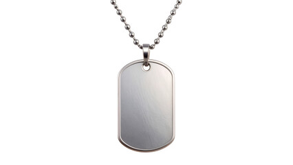 Silver military dog tag suspended from beaded chain, metallic surface gleaming against transparent backdrop