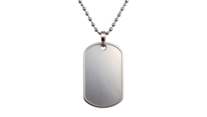 Silver military dog tag suspended from beaded chain, metallic surface gleaming against transparent backdrop