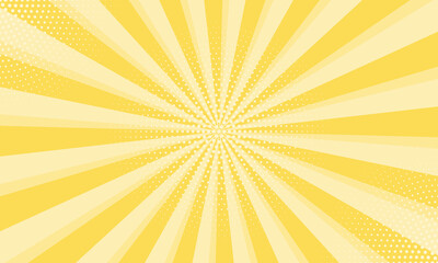 Radiant yellow background. Pop art comic book background. Sunburst yellow background with radial lines and halftone dots. 