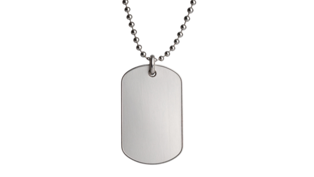 Silver military dog tag suspended from beaded chain, metallic surface gleaming against transparent backdrop