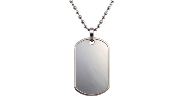 Silver military dog tag suspended from beaded chain, metallic surface gleaming against transparent backdrop