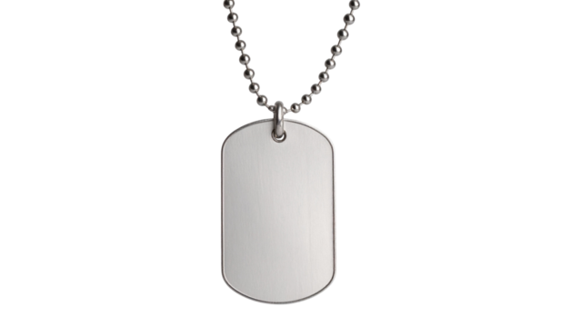 Silver military dog tag suspended from beaded chain, metallic surface gleaming against transparent backdrop
