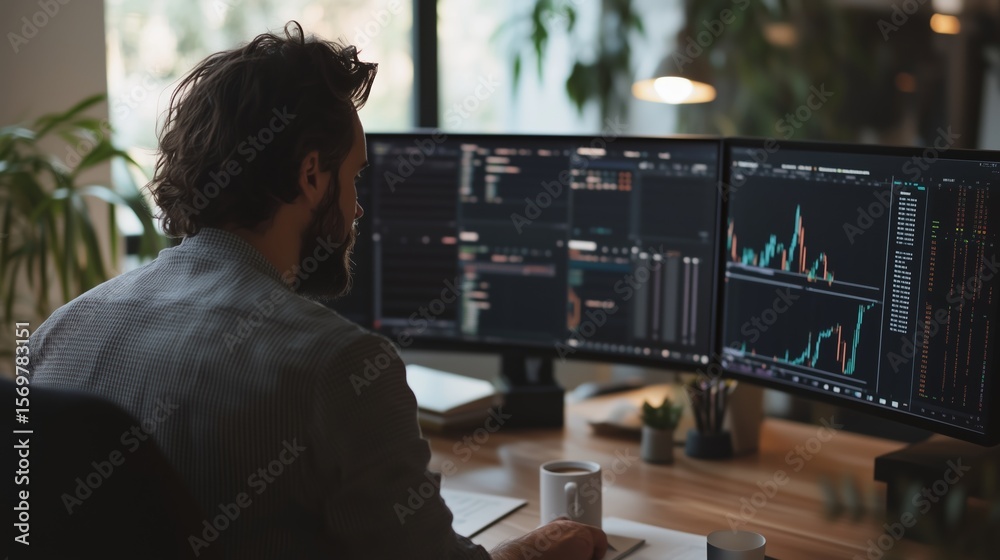 Poster professional working at a desk with multiple monitors displaying financial data in a modern office s