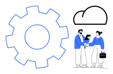 Blue gear outline, cloud icon, and two professionals shaking hands with a clipboard. Ideal for teamwork, business, technology, cloud computing, innovation partnership development. Simple flat