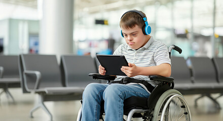 Young boy with Down syndrome in wheelchair using tablet and headphones at airport