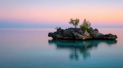 Distant rock island formation standing alone in the sea with calm waters and a pastel sky