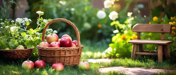 Fresh red apples in big wicker basket on the ground in garden next to small wooden bench in sunny August day.