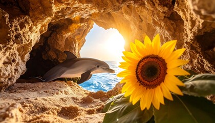 Animated Dolphin in Cave with Yellow Sunflower Opening Onto Blue Ocean