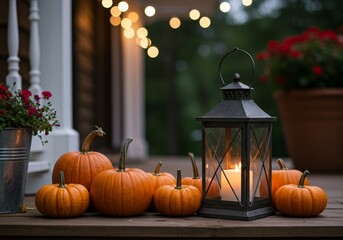 Obraz premium Cozy fall porch with pumpkins and lantern candlelight decor