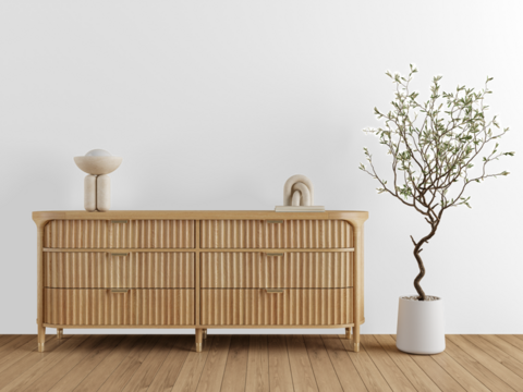 Fluted Wood Sideboard Interior PNG Cutout with Minimalist Sculpture and Bonsai Plant with Natural Shadow – Transparent Wall Mockup with Realistic Shadows – 3D render