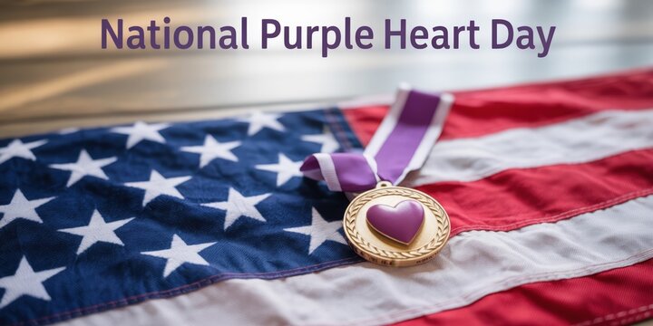 National purple heart day celebration with medal on American flag