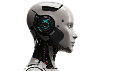Profile view of a futuristic, detailed robot head and neck, showcasing intricate mechanical design elements.