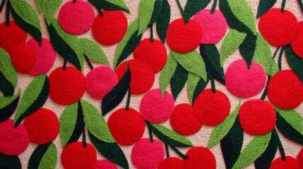Vibrant cherry-themed fabric with deep red and pinkish-red cherries, black stems, bright lime to forest-green leaves, and soft neutral beige background.