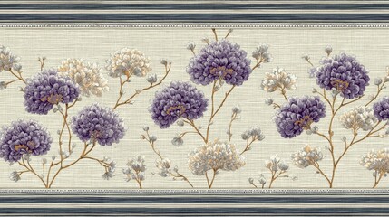 Elegant floral-themed pattern with large purple blooms, golden accents, white clusters, and light beige textured background, ideal for interior decor.