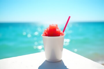 Strawberry shaved ice dessert in white cup at seaside café terrace with ocean view and blue sky in summer