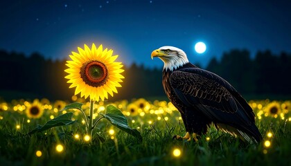 Bald Eagle Perched in Sunflower Field Under Moonlight Scenic Night