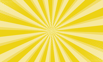 Radiant yellow background. Pop art comic book background. Sunburst yellow background with radial lines and halftone dots. 