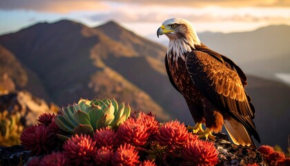 Bald Eagle Perched on Rock with Succulents and Mountain Backdrop at Sunset