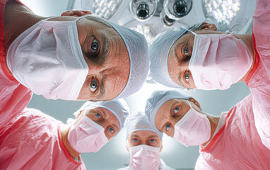 Surgeons in pink scrubs and masks intently look down during a medical procedure in a brightly lit operating room.