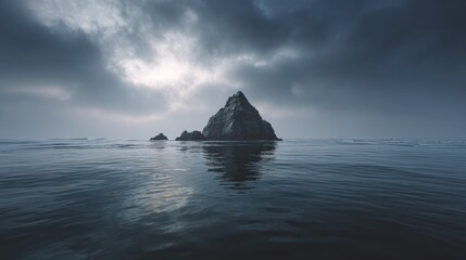 Lonely sea rock in the center of vast ocean waters under moody overcast skies