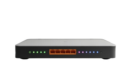 A modern, gray network switch with illuminated ports and status indicators.