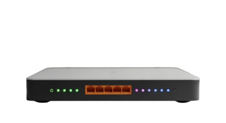 A modern, gray network switch with illuminated ports and status indicators.