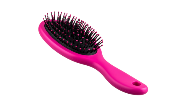 Pink plastic hairbrush lying on clear surface, featuring soft bristles and ergonomic handle for efficient grooming and styling needs
