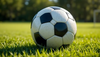 Fototapeta premium Сlose-up of a classic black and white soccer ball on green grass