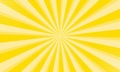 Radiant yellow background. Pop art comic book background. Sunburst yellow background with radial lines and halftone dots. 