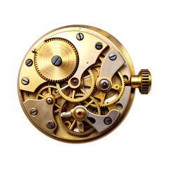 Intricate clockwork mechanism with interlocking gears, revealing the complex inner workings of a timepiece, isolated on transparent background