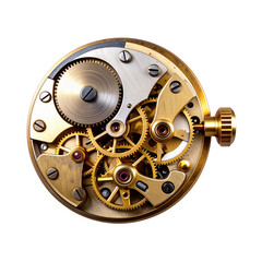Intricate clockwork mechanism with interlocking gears, revealing the complex inner workings of a timepiece, isolated on transparent background