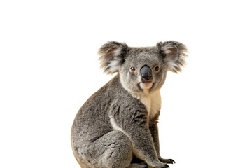 Fototapeta premium Gray koala bear sitting upright with fluffy ears and black nose, isolated on a transparent background