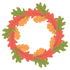 Autumn circle frame. Round border of different oak leaves isolated on white background. Template for poster, postcard.