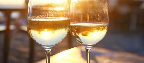 Two wine glasses filled with white wine outdoors, sunlight reflecting