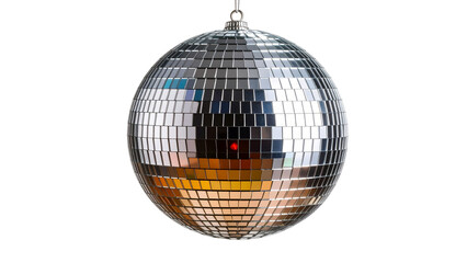Glittering silver disco ball reflecting multicolored lights, suspended against transparent backdrop, symbolizing festive party atmosphere