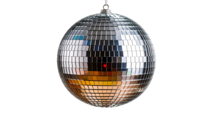 Glittering silver disco ball reflecting multicolored lights, suspended against transparent backdrop, symbolizing festive party atmosphere