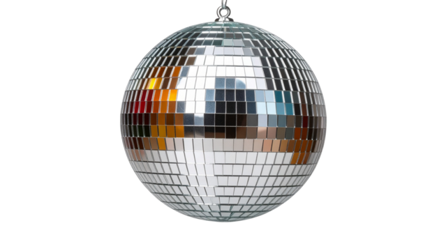 Glittering silver disco ball reflecting multicolored lights, suspended against transparent backdrop, symbolizing festive party atmosphere