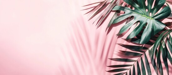 Pink background with tropical leaves