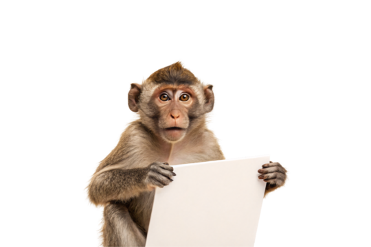 Monkey holding blank white paper sign with both hands while looking directly forward, isolated on a transparent background