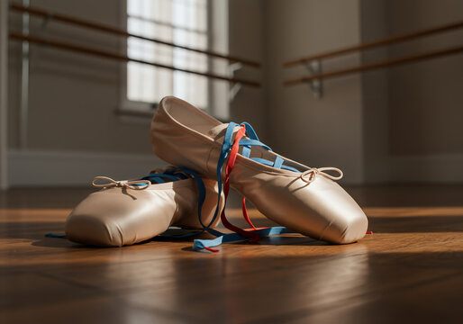 Ballet shoes on a wooden floor ribbons entwined light from a window barre behind