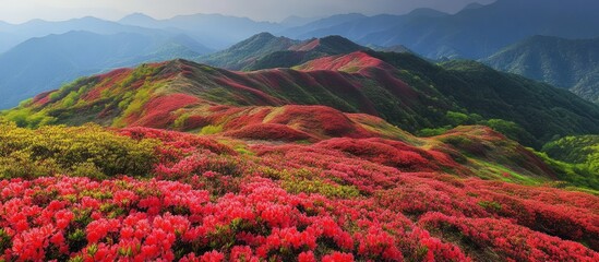 Mountain slopes blanketed in vibrant red flowers