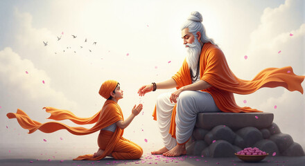 Guru Purnima Artistic Tribute Depicting Guru Passing Wisdom in a Sacred Ceremony
