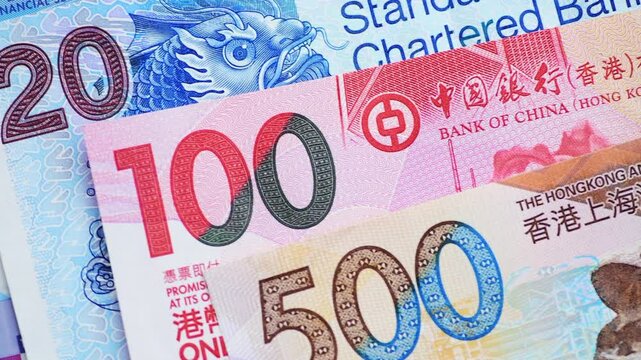 Macro close up of Hong Kong Dollar paper bank notes from 500 to 10 Dollars.