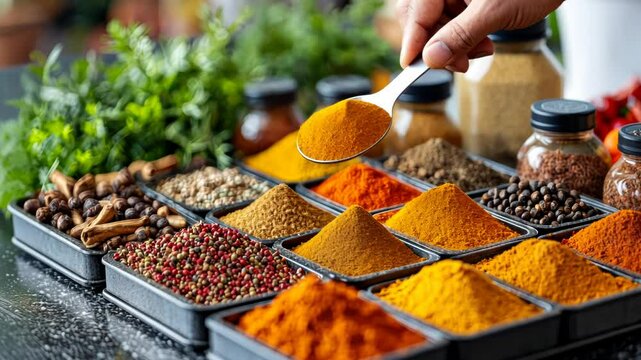 Variety of spices in trays