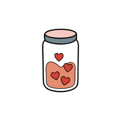 A glass jar filled with many small red hearts