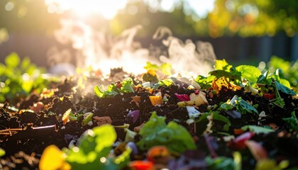 Nature's Cycle: A close-up shot of a compost heap, showcasing the natural process of decomposition with steam rising from the organic matter.