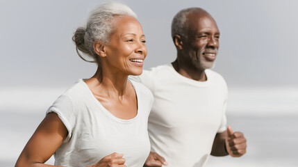 Elderly african couple smiling while jogging outdoors for healthy lifestyle