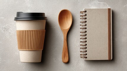 Coffee Cup, Wooden Spoon, and Notebook on Gray Surface