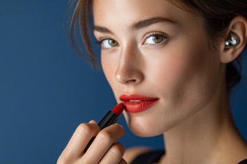 A striking close-up of a woman applying vibrant red lipstick, her confident gaze directed at the viewer, with a subtle hearing aid visible in her ear, celebrating beauty and inclusivity.